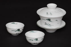 緑山水柄白瓷 蓋碗・茶杯